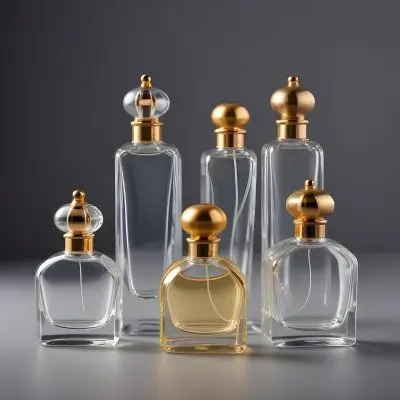 A Collection Of Luxury Glass Perfume Bottles With Gold Colored Caps And Accents Arranged On A Gray Background 3 A419