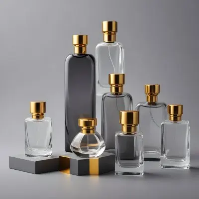 A Collection Of Luxury Glass Perfume Bottles With Gold Colored Caps And Accents Arranged On A Gray Background 4 914a