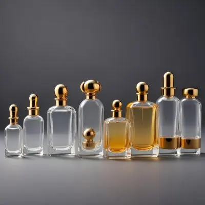 A Collection Of Luxury Glass Perfume Bottles With Gold Colored Caps And Accents Arranged On A Gray Background 5 3262