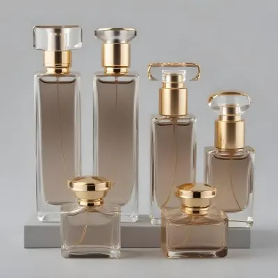 A Collection Of Luxury Glass Perfume Bottles With Gold Colored Caps And Accents Arranged On A Gray Background 9 8cf8