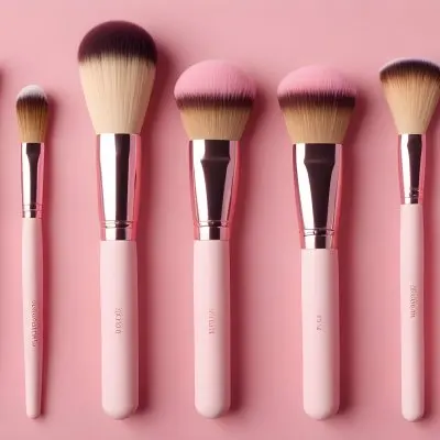 A Collection Of Makeup Brushes And Blush Products Arranged Neatly On A Pink Background The Brushes Have Soft Bristles With Pink And White Tips And The Handles Are Light Pink There Are Two Blush Compacts One Round A 10 0222