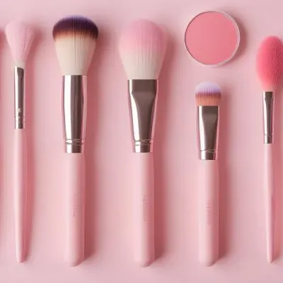 A Collection Of Makeup Brushes And Blush Products Arranged Neatly On A Pink Background The Brushes Have Soft Bristles With Pink And White Tips And The Handles Are Light Pink There Are Two Blush Compacts One Round A 19 52c6