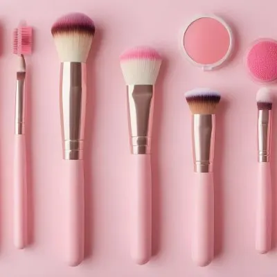 A Collection Of Makeup Brushes And Blush Products Arranged Neatly On A Pink Background The Brushes Have Soft Bristles With Pink And White Tips And The Handles Are Light Pink There Are Two Blush Compacts One Round A 21 6662