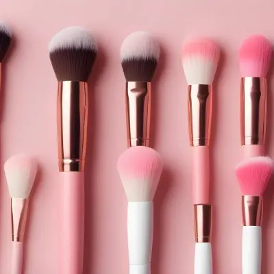 A Collection Of Makeup Brushes And Blush Products Arranged Neatly On A Pink Background The Brushes Have Soft Bristles With Pink And White Tips And The Handles Are Light Pink There Are Two Blush Compacts One Round A 5 F04b