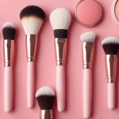 A Collection Of Makeup Brushes And Blush Products Arranged Neatly On A Pink Background The Brushes Have Soft Bristles With Pink And White Tips And The Handles Are Light Pink There Are Two Blush Compacts One Round A 9 Cf66