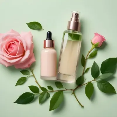 A Collection Of Various Cosmetic Products Including A Glass Bottle Of Foundation A Pink Rose Flower Green Berries And A Green Leaf On A Light Background 14 Ecd8