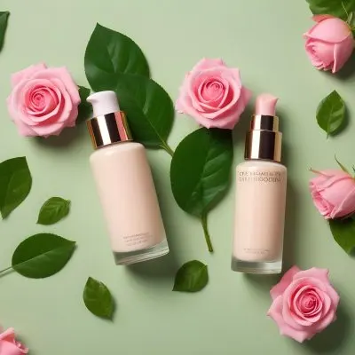 A Collection Of Various Cosmetic Products Including A Glass Bottle Of Foundation A Pink Rose Flower Green Berries And A Green Leaf On A Light Background 20 A32d