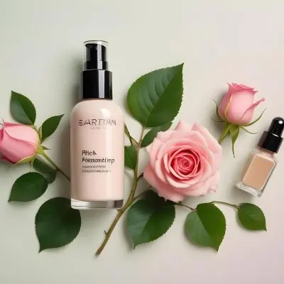 A Collection Of Various Cosmetic Products Including A Glass Bottle Of Foundation A Pink Rose Flower Green Berries And A Green Leaf On A Light Background 32 5e6b