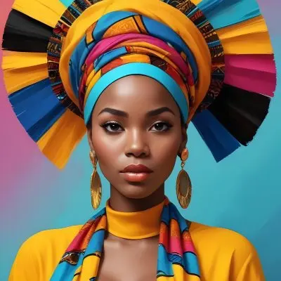 A Dark Skinned African Woman 23 Years Old With A Colorful Headdress And Big Golden Earrings Wearing A Yellow Dress With A Colorful Scarf In A Colorful Background 25 Ddd9 8c1f