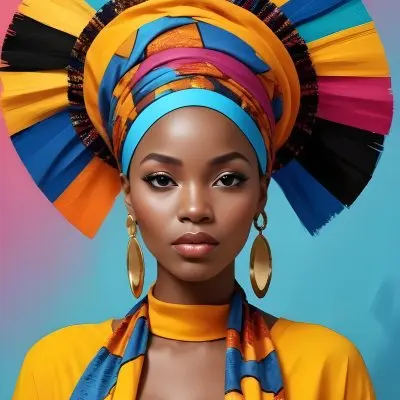 A Dark Skinned African Woman 23 Years Old With A Colorful Headdress And Big Golden Earrings Wearing A Yellow Dress With A Colorful Scarf In A Colorful Background 26 4b8b F64d