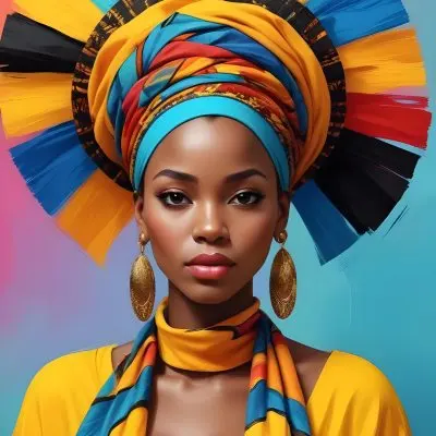 A Dark Skinned African Woman 23 Years Old With A Colorful Headdress And Big Golden Earrings Wearing A Yellow Dress With A Colorful Scarf In A Colorful Background 36 88a8