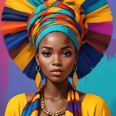 A Dark Skinned African Woman 23 Years Old With A Colorful Headdress And Big Golden Earrings Wearing A Yellow Dress With A Colorful Scarf In A Colorful Background 4 Daf0 E239