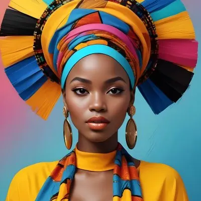 A Dark Skinned African Woman 23 Years Old With A Colorful Headdress And Big Golden Earrings Wearing A Yellow Dress With A Colorful Scarf In A Colorful Background 5 Bc92 489a
