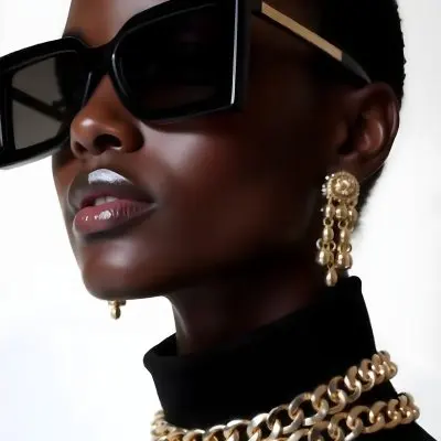 A Dark Skinned Black Woman 23 Years Old Short Black Hair Wearing Black Sunglasses Gold Earrings And A Gold Chain In A White Background 24 9745