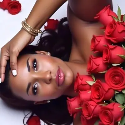 A Dark Skinned Woman 23 Years Old Red Hair Lying Down Next To A Bouquet Of Red Roses On A White Background 24 7450