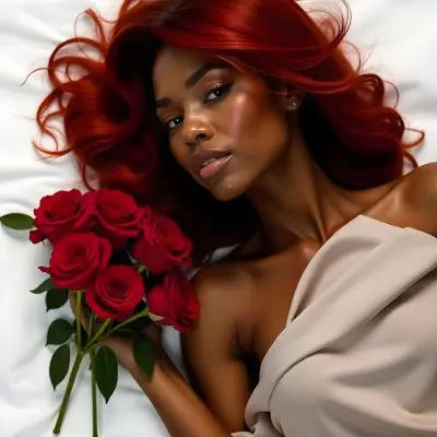 A Dark Skinned Woman 23 Years Old Red Hair Lying Down Next To A Bouquet Of Red Roses On A White Background 5 Ab79