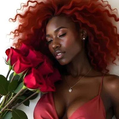 A Dark Skinned Woman 23 Years Old Red Hair Lying Down Next To A Bouquet Of Red Roses On A White Background 9 8af0
