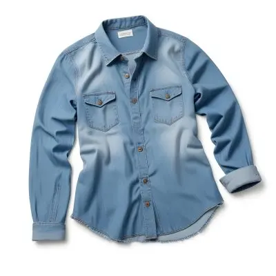 A Denim Shirt With Long Sleeves Buttoned Up With Two Pockets On The Chest Lying On A White Surface 12 A2e0