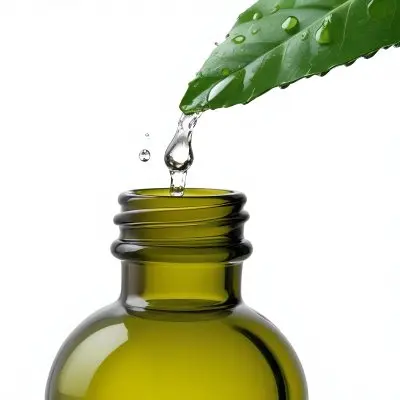 A Drop Of Water Falling From A Green Leaf Into A Green Glass Bottle White Background 11 D0fe