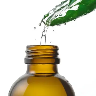 A Drop Of Water Falling From A Green Leaf Into A Green Glass Bottle White Background 29 9db9