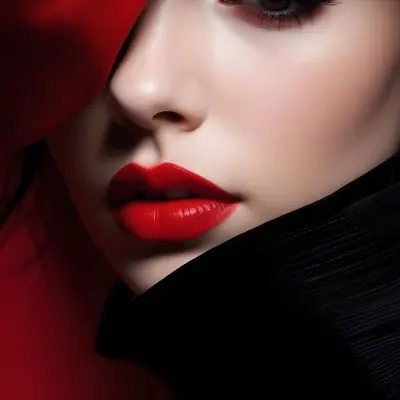 A Fair Skin Caucasian Woman 25 Years Old Black Lips Black Hair Black Jacket Red Background 10 44c3