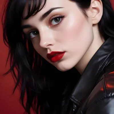 A Fair Skin Caucasian Woman 25 Years Old Black Lips Black Hair Black Jacket Red Background 13 Af04