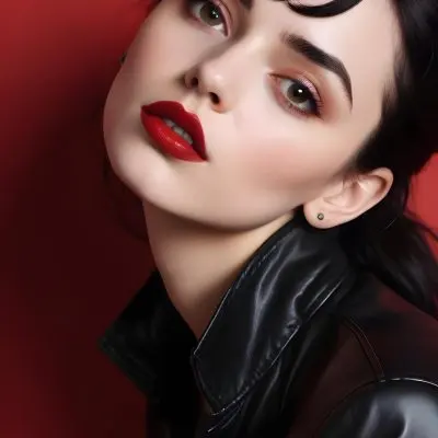 A Fair Skin Caucasian Woman 25 Years Old Black Lips Black Hair Black Jacket Red Background 15 Fbd3