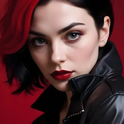 A Fair Skin Caucasian Woman 25 Years Old Black Lips Black Hair Black Jacket Red Background 22 Eb7b