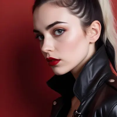 A Fair Skin Caucasian Woman 25 Years Old Black Lips Black Hair Black Jacket Red Background 27 Cecf