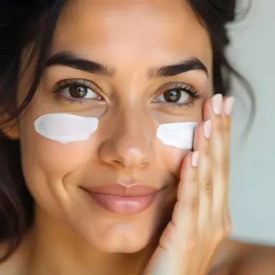 A Fair Skinned Indian Woman Age 30 With Dark Hair Applying Cream Around Her Eyes In A Neutral Background 5 5d0a