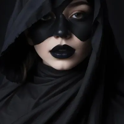 A Fair Skinned Woman Age 25 With Black Lipstick And Black Fabric Covering Her Face Dark Background 1 5c57