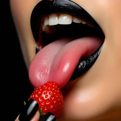 A Fair Skinned Woman Around 25 Years Old With Black Lipstick And Black Nails Sticking Out Her Tongue With A Strawberry On It Black Background 1 A54e
