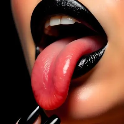 A Fair Skinned Woman Around 25 Years Old With Black Lipstick And Black Nails Sticking Out Her Tongue With A Strawberry On It Black Background 21 4bd9