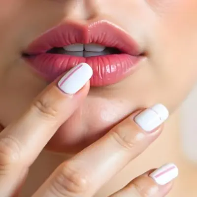 A Fair Skinned Woman Around 25 Years Old With Pink Lips And White Nails With Pink Stripes In A Studio 11 26dd