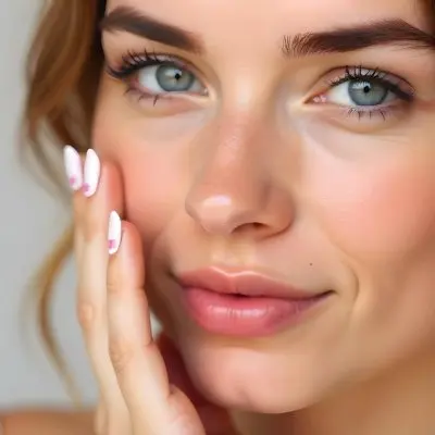 A Fair Skinned Woman Around 25 Years Old With Pink Lips And White Nails With Pink Stripes In A Studio 15 0a4b