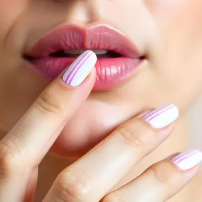 A Fair Skinned Woman Around 25 Years Old With Pink Lips And White Nails With Pink Stripes In A Studio 16 853a