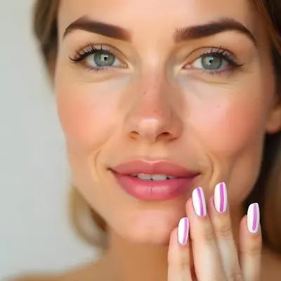 A Fair Skinned Woman Around 25 Years Old With Pink Lips And White Nails With Pink Stripes In A Studio 19 Db65