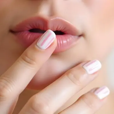 A Fair Skinned Woman Around 25 Years Old With Pink Lips And White Nails With Pink Stripes In A Studio 4 B888