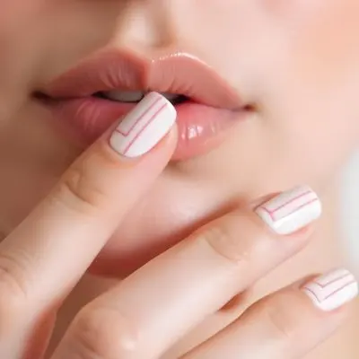 A Fair Skinned Woman Around 25 Years Old With Pink Lips And White Nails With Pink Stripes In A Studio 7 F467