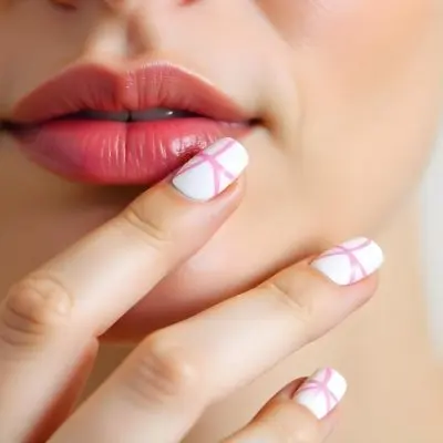 A Fair Skinned Woman Around 25 Years Old With Pink Lips And White Nails With Pink Stripes In A Studio 8 Bd9c