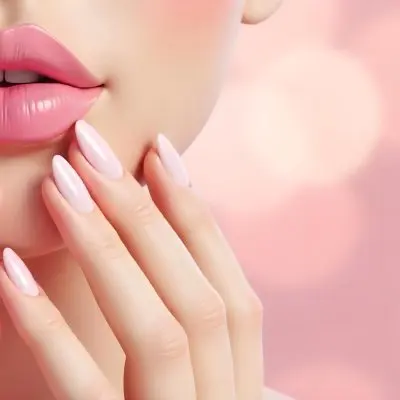 A Fair Skinned Woman Around 25 Years Old With Pink Lipstick And Pink Nail Polish With Her Hand Near Her Face In A Pink Bokeh Background 3 148c
