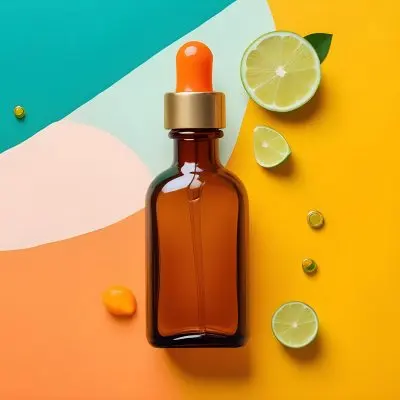 A Flat Lay Arrangement Featuring A Brown Glass Dropper Bottle With A Gold Cap Surrounded By Slices Of Orange Lime And Along With Small Green Capsules And Yellow Leaves On A White Background 12 7bdb