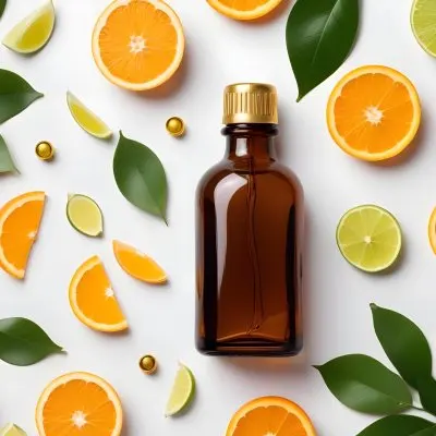 A Flat Lay Arrangement Featuring A Brown Glass Dropper Bottle With A Gold Cap Surrounded By Slices Of Orange Lime And Along With Small Green Capsules And Yellow Leaves On A White Background 18 8adc
