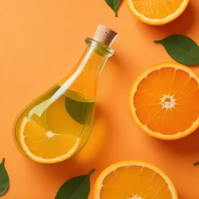A Flat Lay Arrangement Featuring A Glass Dropper Bottle Filled With Green Liquid Surrounded By Fresh Orange Slices A Whole Orange And Green Leaves On A Bright Orange Background 17 284c