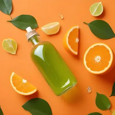 A Flat Lay Arrangement Featuring A Glass Dropper Bottle Filled With Green Liquid Surrounded By Fresh Orange Slices A Whole Orange And Green Leaves On A Bright Orange Background 25 C75b