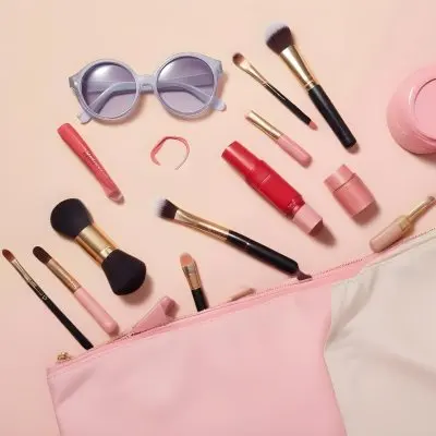 A Flat Lay Arrangement Of Various Makeup Items On A Pastel Pink And Beige Background The Items Include A Tube Of Cream A Makeup Brush A Red Nail Polish Several Makeup Brushes A Compact Powder And A Pair Of Vintage Sun 1 18ad