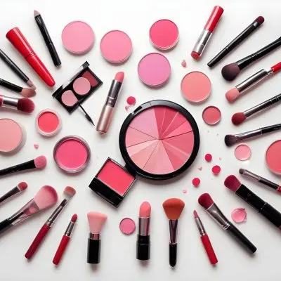 A Flat Lay Arrangement Of Various Makeup Products On A White Background The Items Include Lipsticks In Shades Of Pink And Red Makeup Brushes A Palette Of Eyeshadows Blushes And A Compact Powder The Products Are Ar 11 9f77