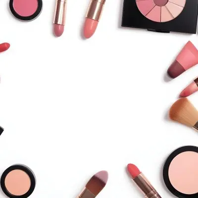 A Flat Lay Arrangement Of Various Makeup Products On A White Background The Items Include Lipsticks In Shades Of Pink And Red Makeup Brushes A Palette Of Eyeshadows Blushes And A Compact Powder The Products Are Ar 13 Cdb5