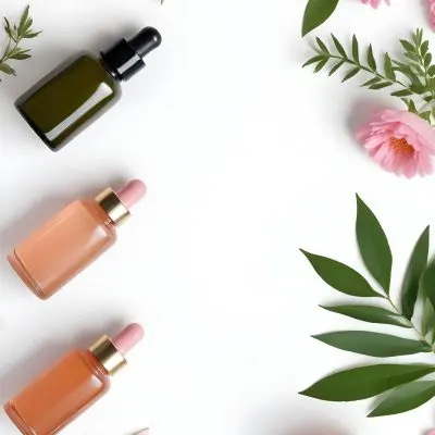 A Flat Lay Arrangement Of Various Natural Beauty And Skincare Products Including A Glass Bottle A Pink Cosmetic Bottle And Fresh Flowers And Leaves On A White Background 12