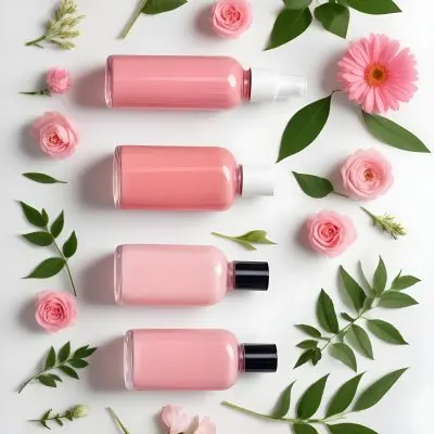A Flat Lay Arrangement Of Various Natural Beauty And Skincare Products Including A Glass Bottle A Pink Cosmetic Bottle And Fresh Flowers And Leaves On A White Background 13 E05b